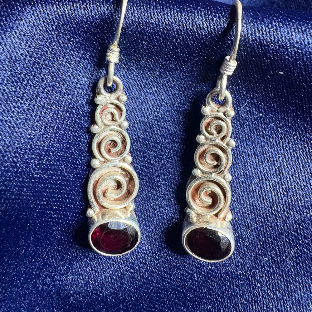 Earrings 925 Sterling Silver Dangle Garnet Gemstone Delicate Dainty - Picture 2 of 5